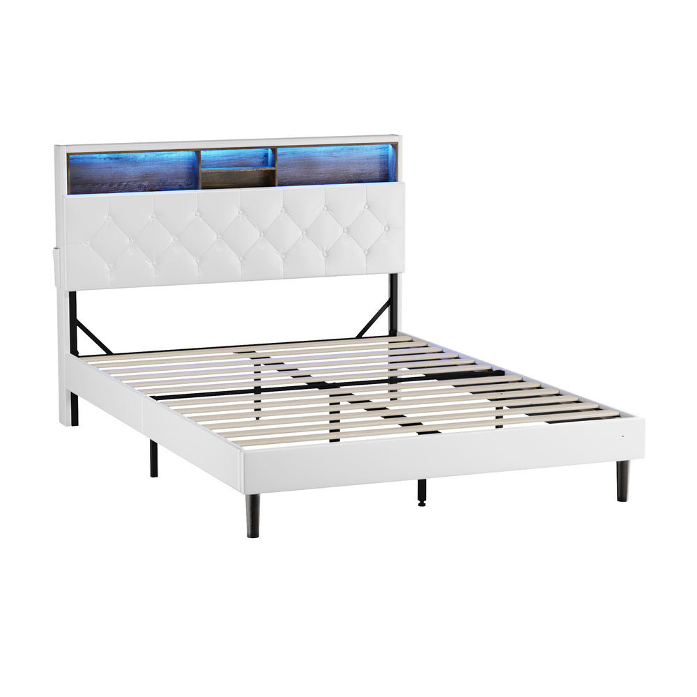 Oikiture Bed Frame Double Size with LED Storage Bedhead White