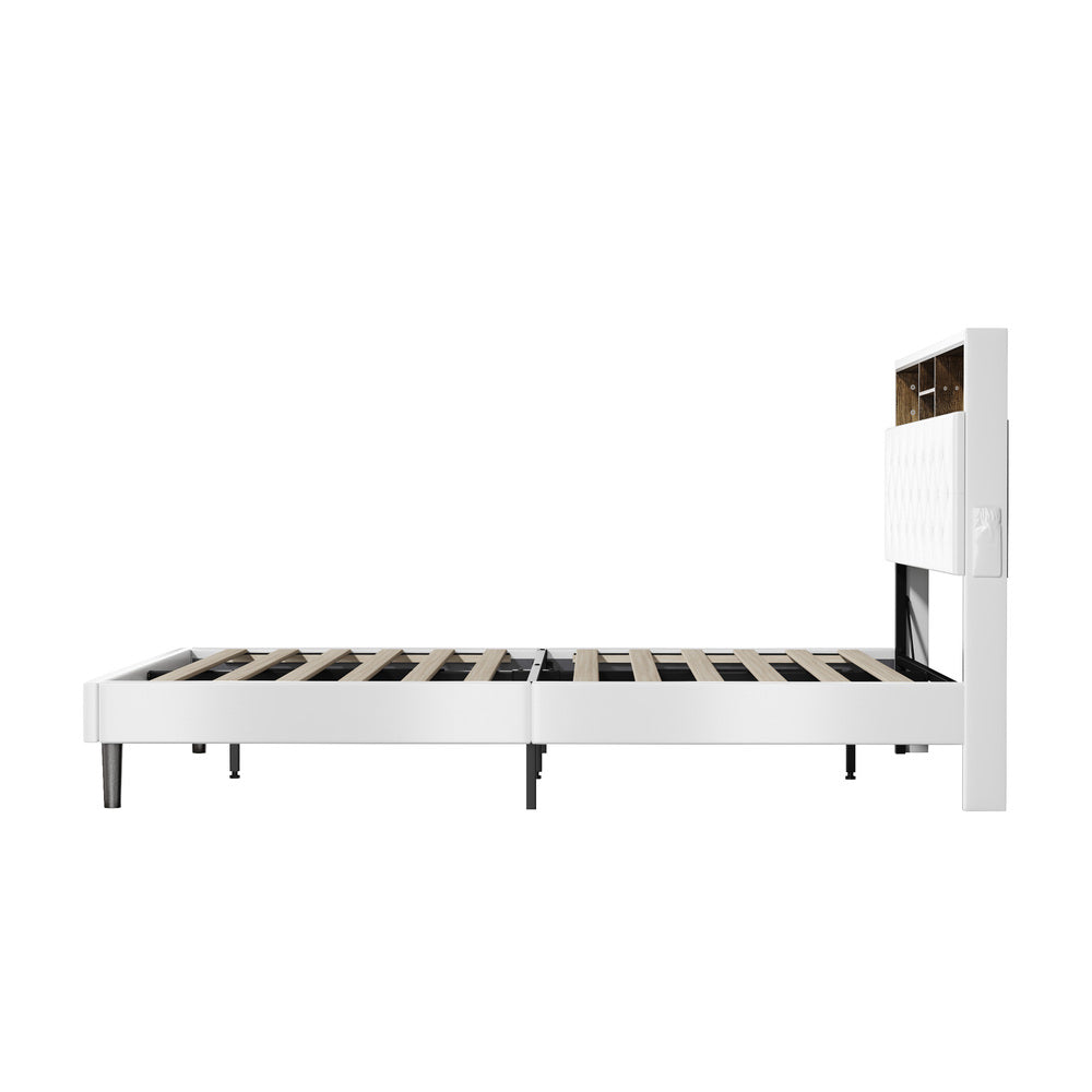 Oikiture Bed Frame Double Size with LED Storage Bedhead White