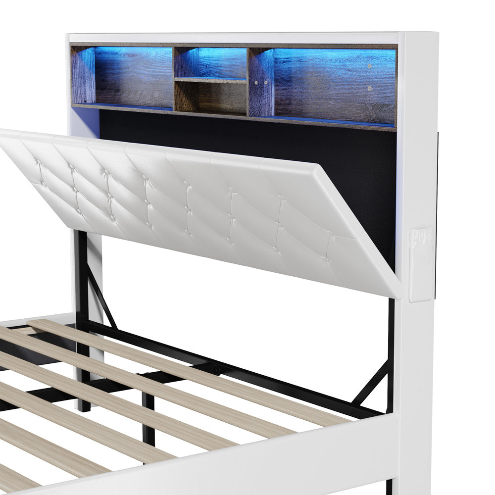 Oikiture Bed Frame Double Size with LED Storage Bedhead White