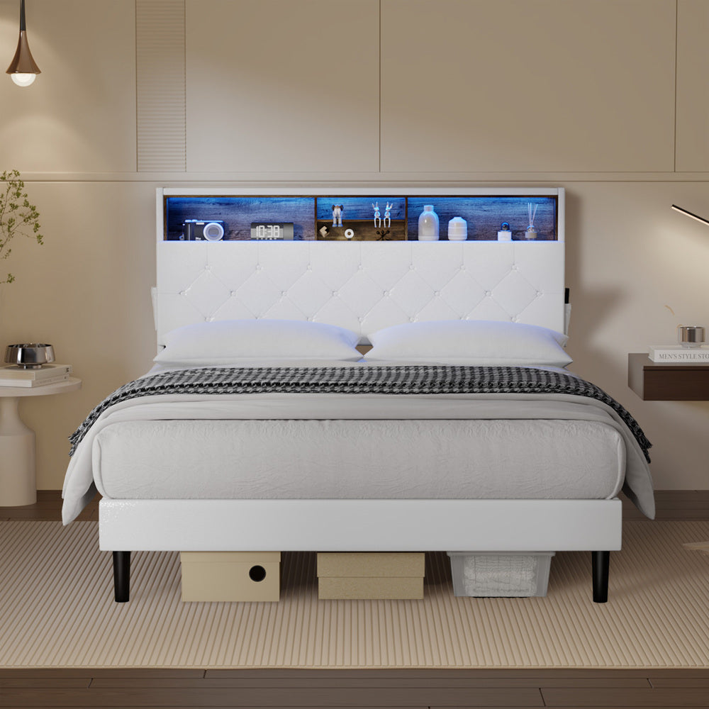 Oikiture Bed Frame Double Size with LED Storage Bedhead White