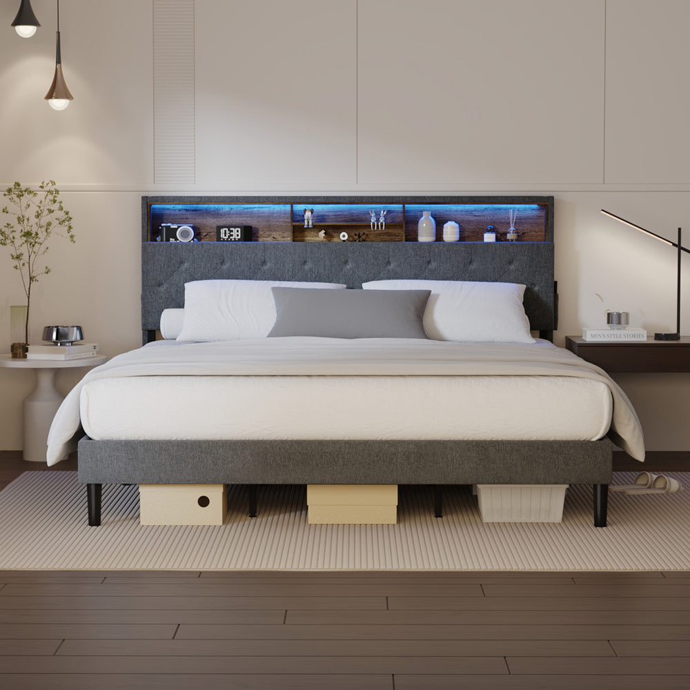 Oikiture Bed Frame with LED Storage Bedhead King Size NOVI