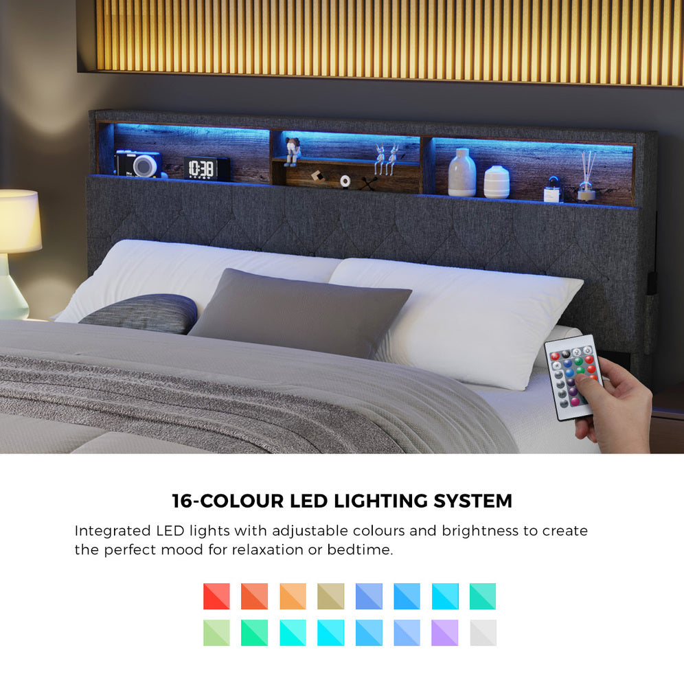 Oikiture Bed Frame with LED Storage Bedhead King Size NOVI