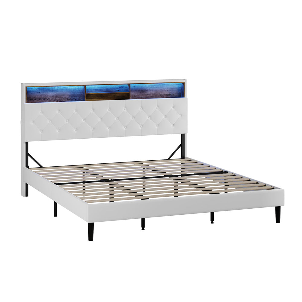 Oikiture Bed Frame King Size with LED Storage Bedhead White