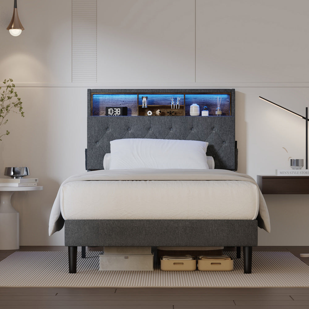 Oikiture Bed Frame with LED Storage Bedhead King Single Size NOVI