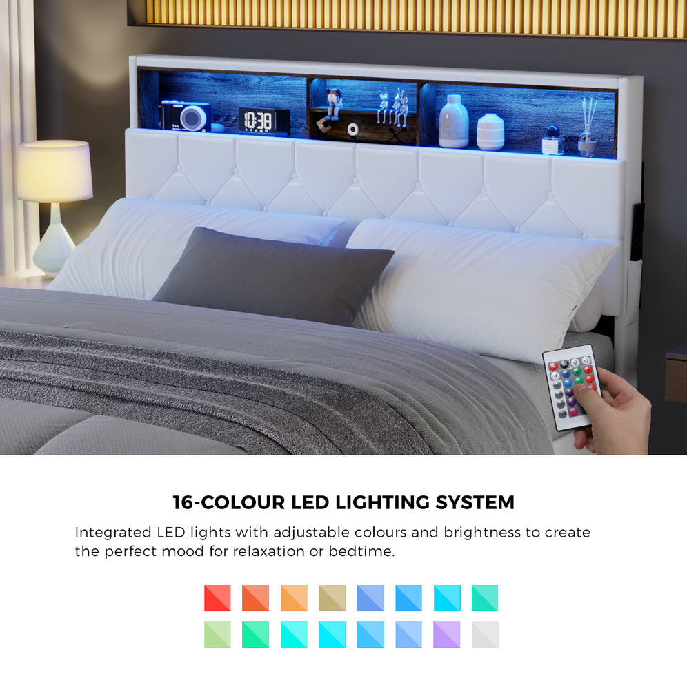 Oikiture Bed Frame Queen Size with LED Storage Bedhead White