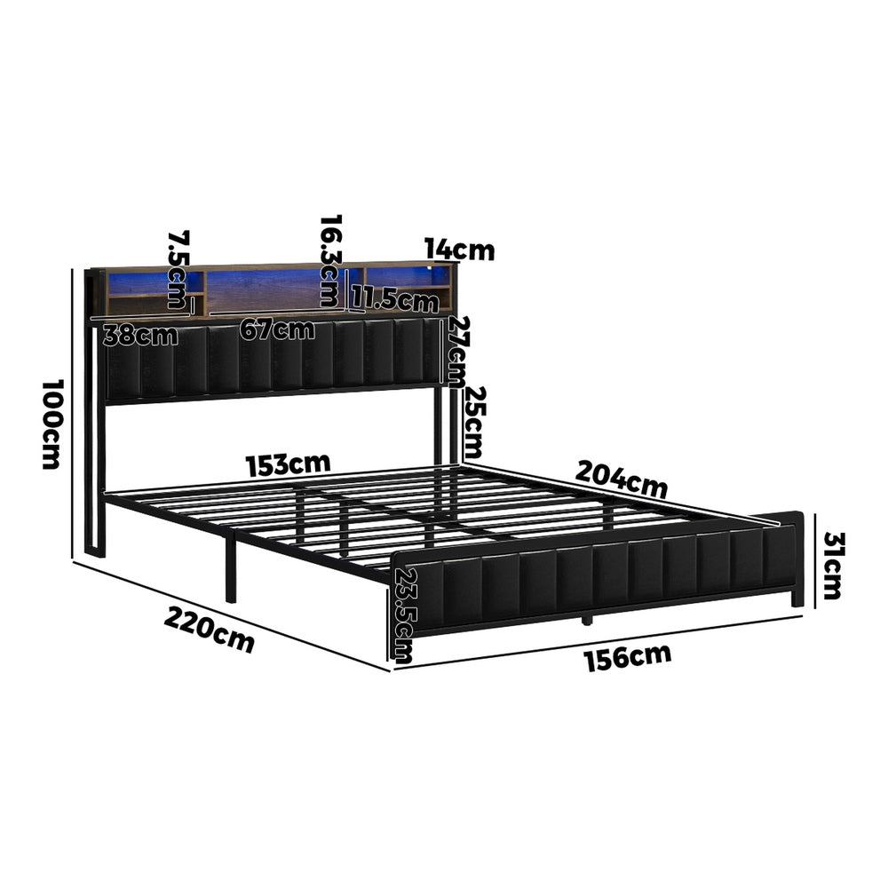 Oikiture Bed Frame Queen Size LED Storage Bedhead Leather Black