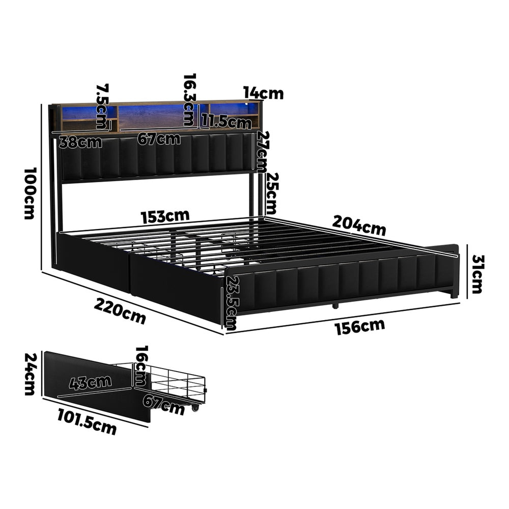 Oikiture Bed Frame Queen Size LED Storage Bedhead 4 Drawers Leather