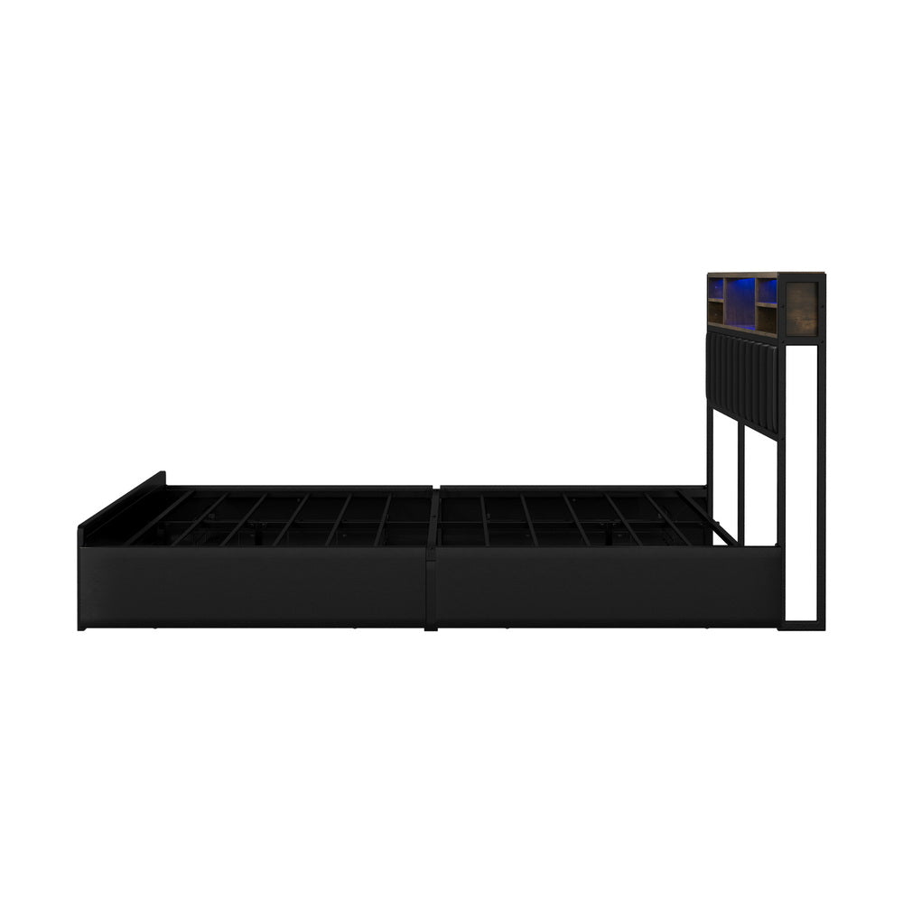 Oikiture Bed Frame Queen Size LED Storage Bedhead 4 Drawers Leather