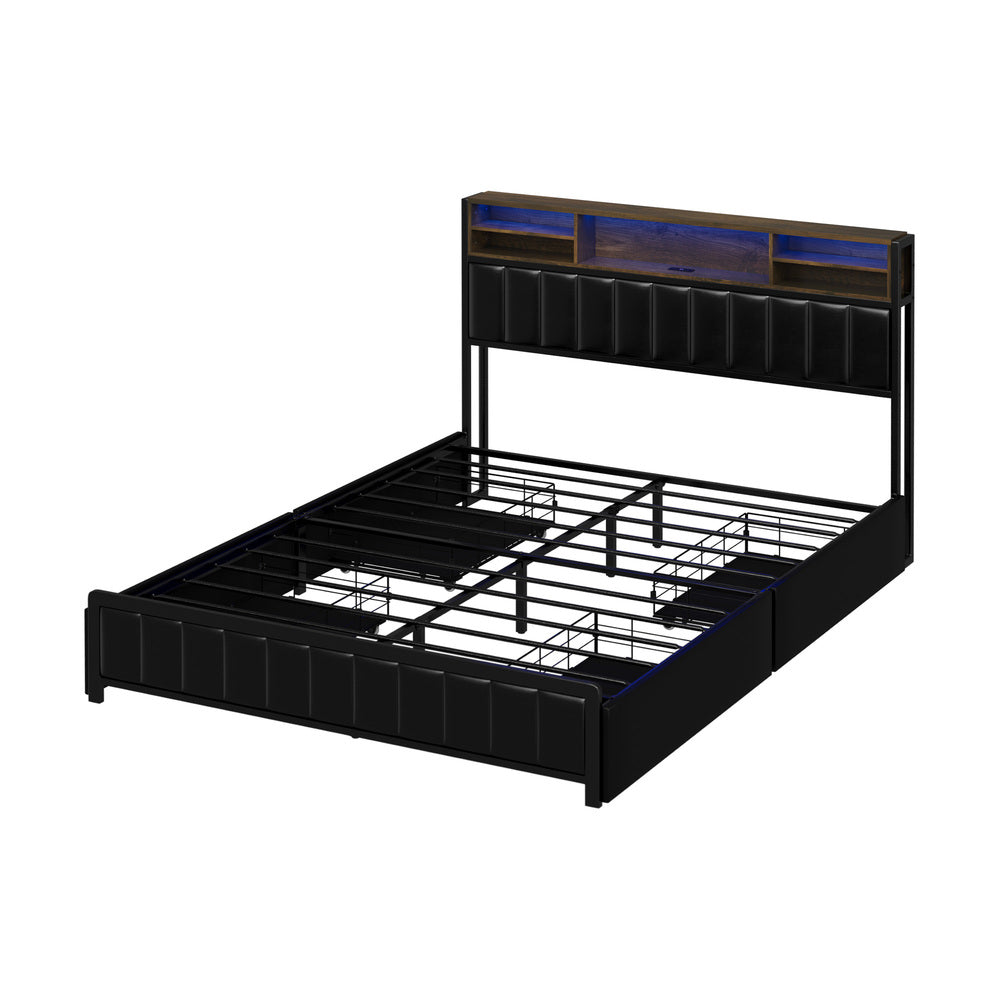 Oikiture Bed Frame Queen Size LED Storage Bedhead 4 Drawers Leather