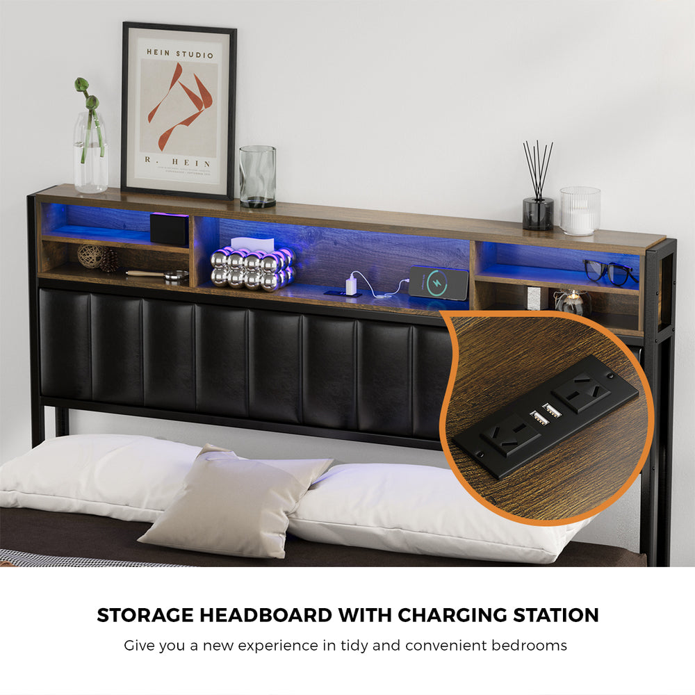 Oikiture Bed Frame Queen Size LED Storage Bedhead 4 Drawers Leather