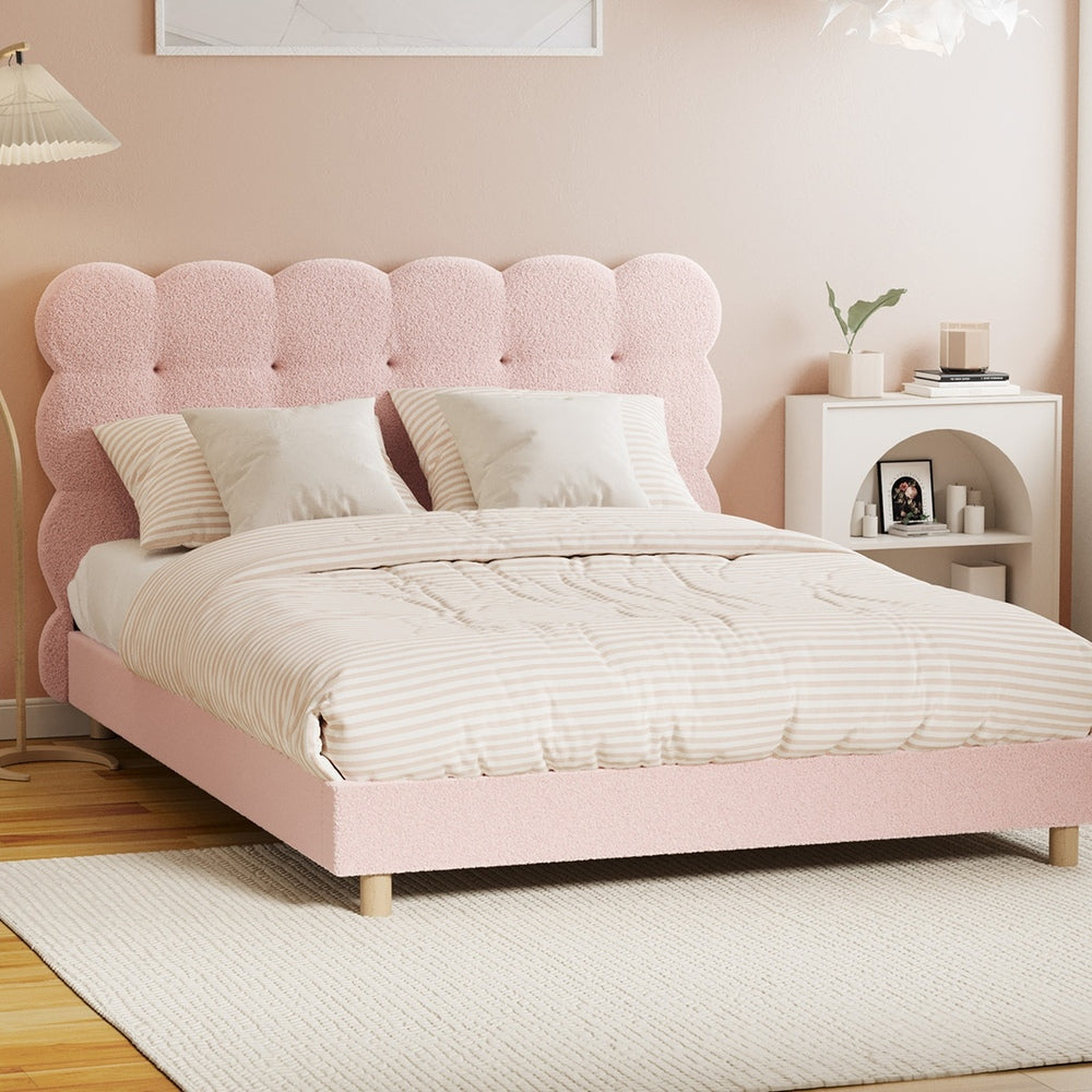 Oikiture Bed Frame Double Size Tufted Bedhead Boucle Fabric Pink