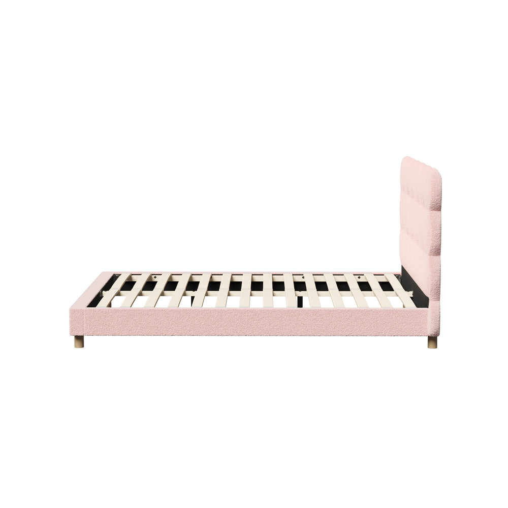 Oikiture Bed Frame Double Size Tufted Bedhead Boucle Fabric Pink