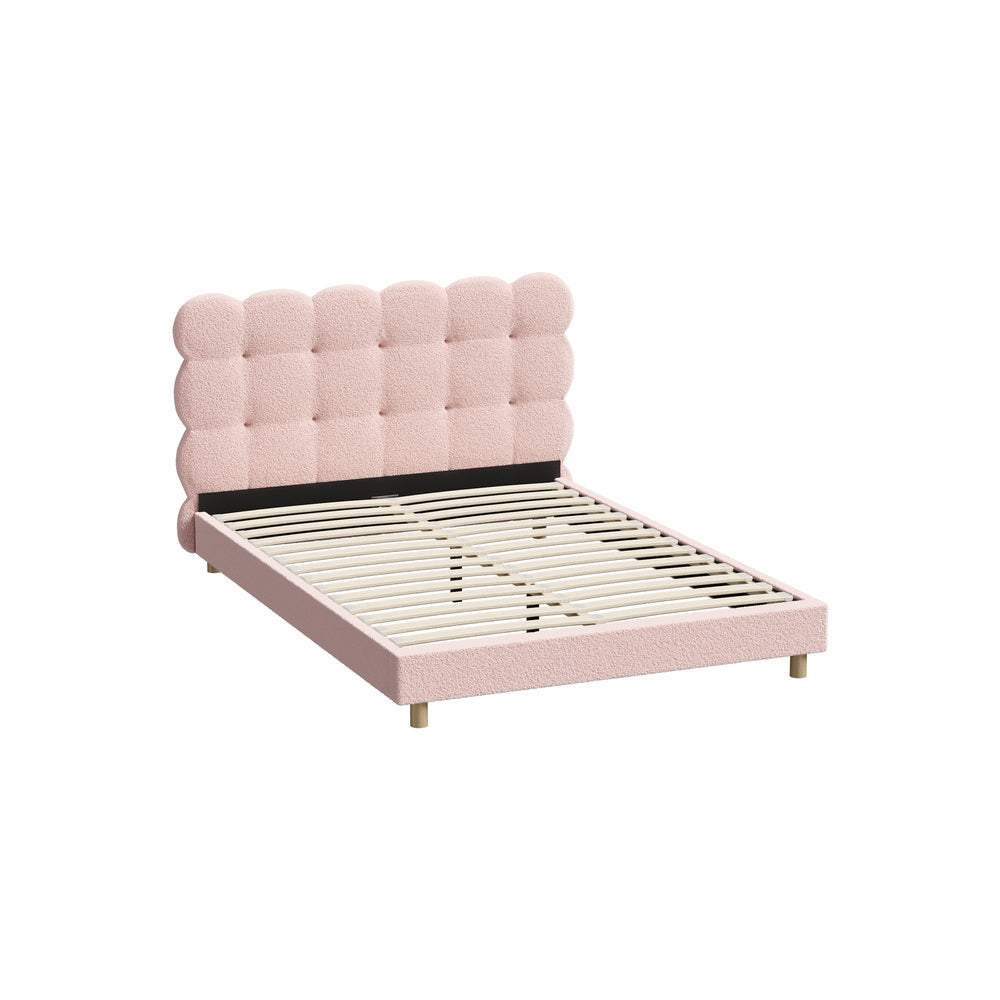 Oikiture Bed Frame Double Size Tufted Bedhead Boucle Fabric Pink
