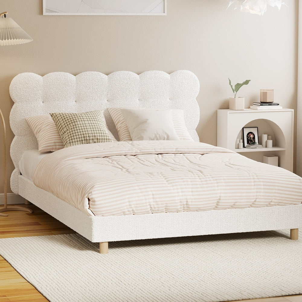 Oikiture Bed Frame Double Tufted Bedhead Boucle Fabric White