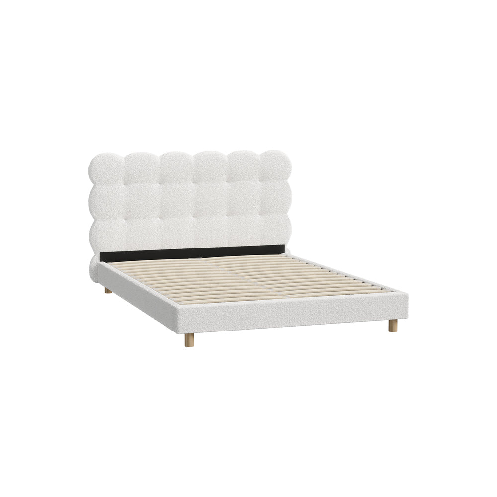 Oikiture Bed Frame Double Tufted Bedhead Boucle Fabric White