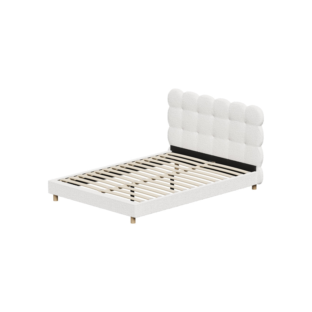 Oikiture Bed Frame Double Tufted Bedhead Boucle Fabric White