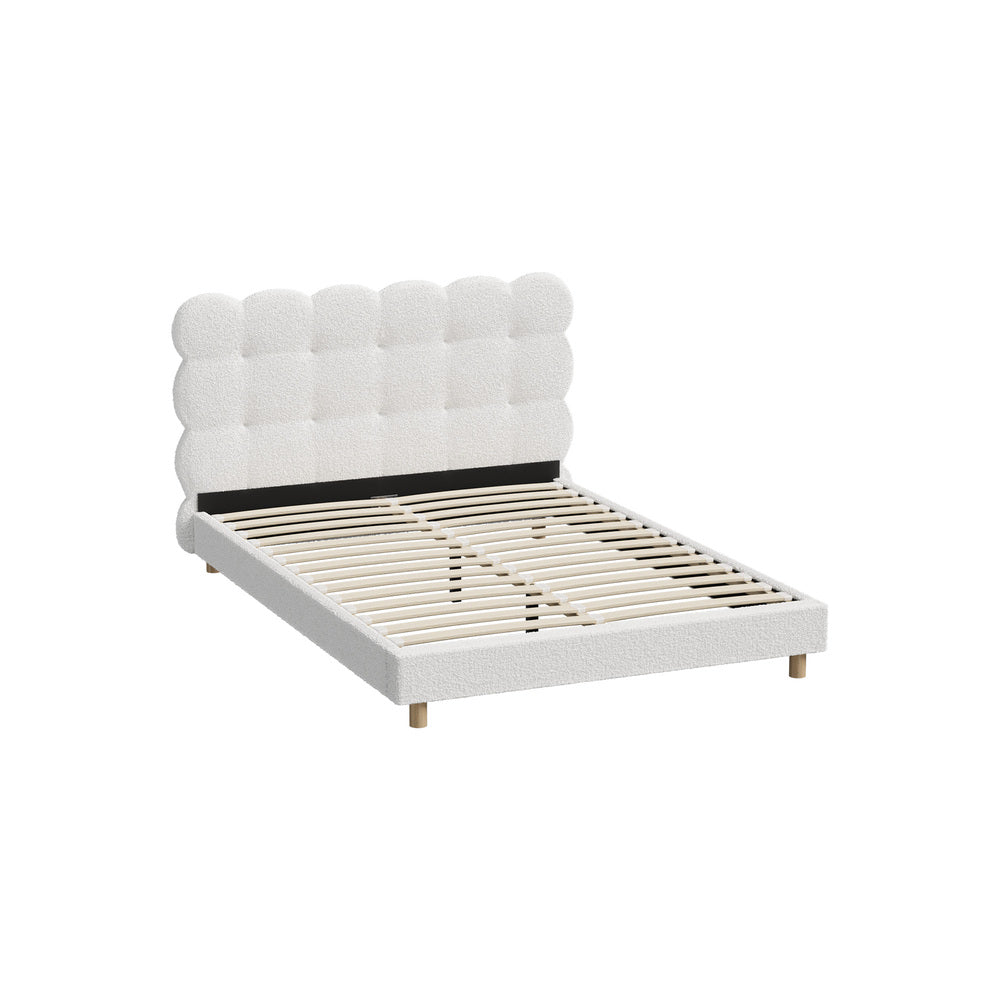 Oikiture Bed Frame Double Tufted Bedhead Boucle Fabric White