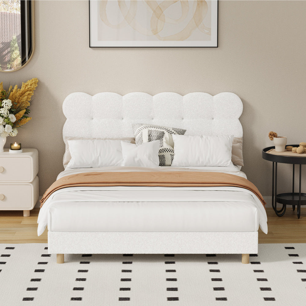 Oikiture Bed Frame Double Tufted Bedhead Boucle Fabric White