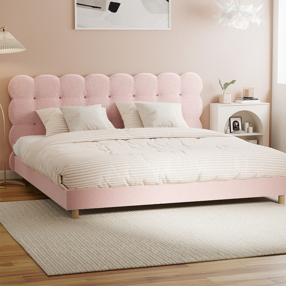 Oikiture Bed Frame King Size Tufted Bedhead Boucle Fabric Pink