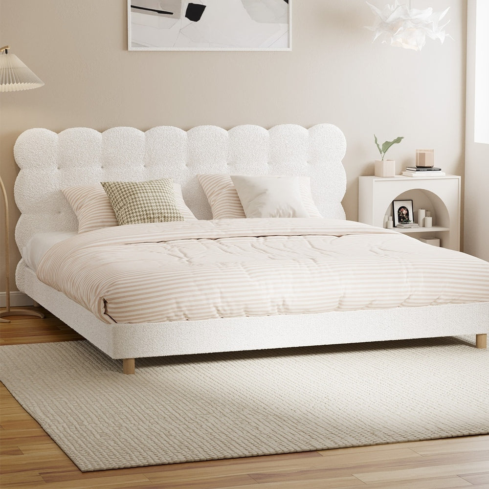 Oikiture Bed Frame King Tufted Bedhead Boucle Fabric White