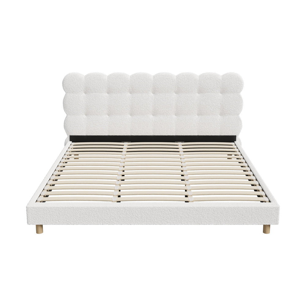 Oikiture Bed Frame King Tufted Bedhead Boucle Fabric White