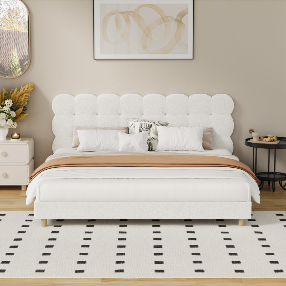 Oikiture Bed Frame King Tufted Bedhead Boucle Fabric White