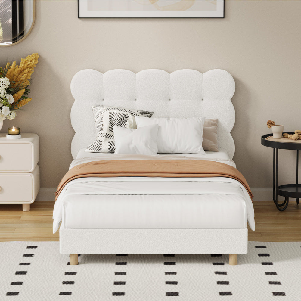 Oikiture Bed Frame King Single Tufted Bedhead Boucle Fabric White