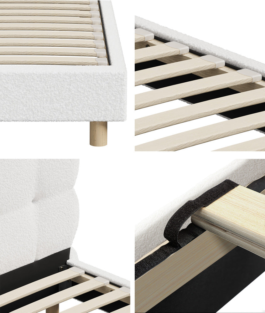 Oikiture Bed Frame King Single Tufted Bedhead Boucle Fabric White