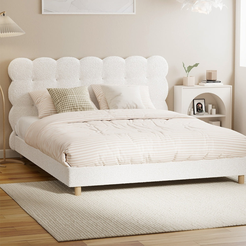 Oikiture Bed Frame Queen Tufted Bedhead Boucle Fabric White