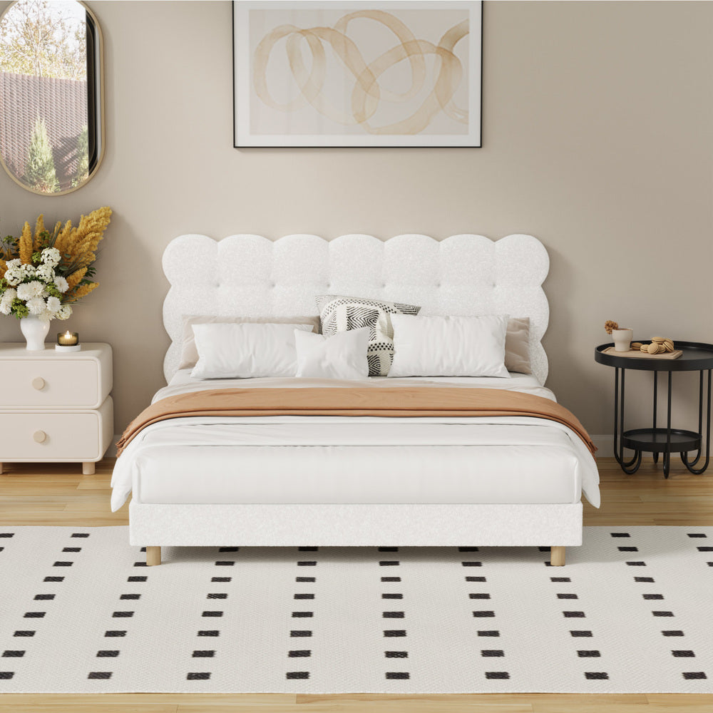 Oikiture Bed Frame Queen Tufted Bedhead Boucle Fabric White