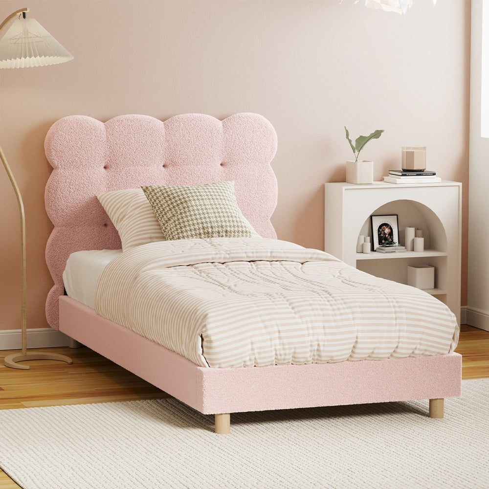 Oikiture Bed Frame Single Size Tufted Bedhead Boucle Fabric Pink
