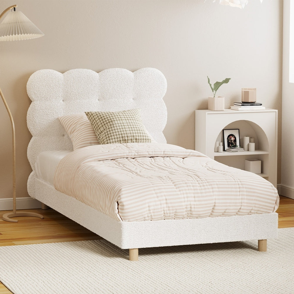 Oikiture Bed Frame Single Tufted Bedhead Boucle Fabric White