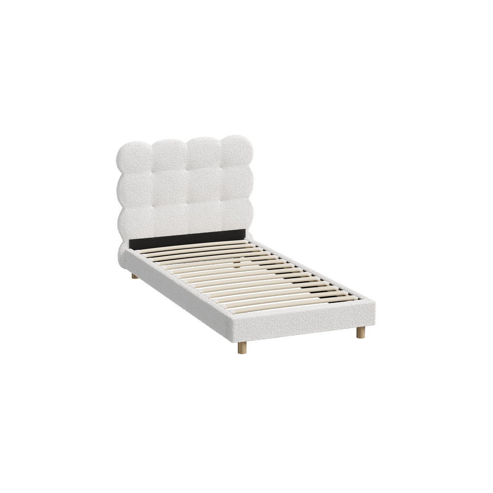 Oikiture Bed Frame Single Tufted Bedhead Boucle Fabric White
