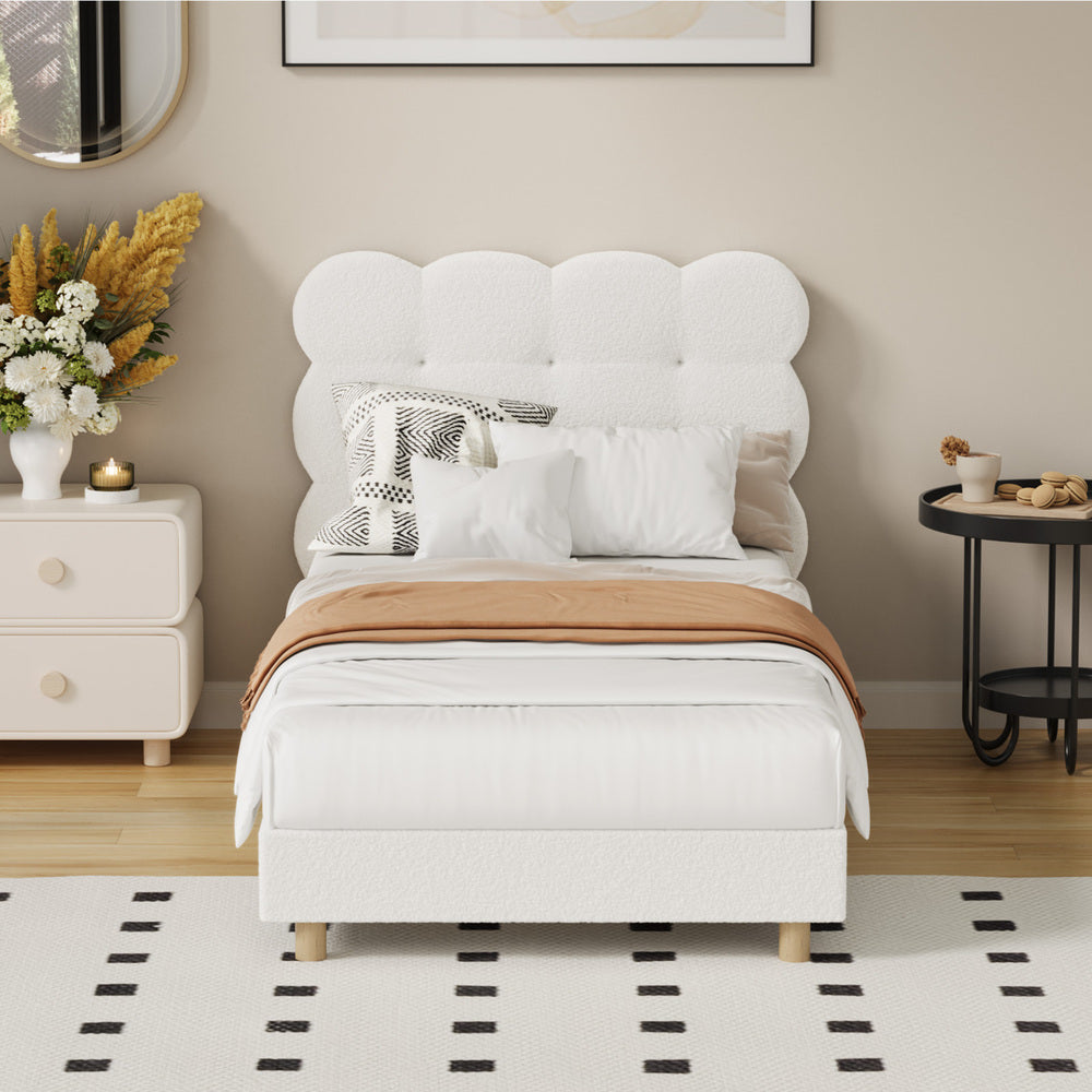 Oikiture Bed Frame Single Tufted Bedhead Boucle Fabric White