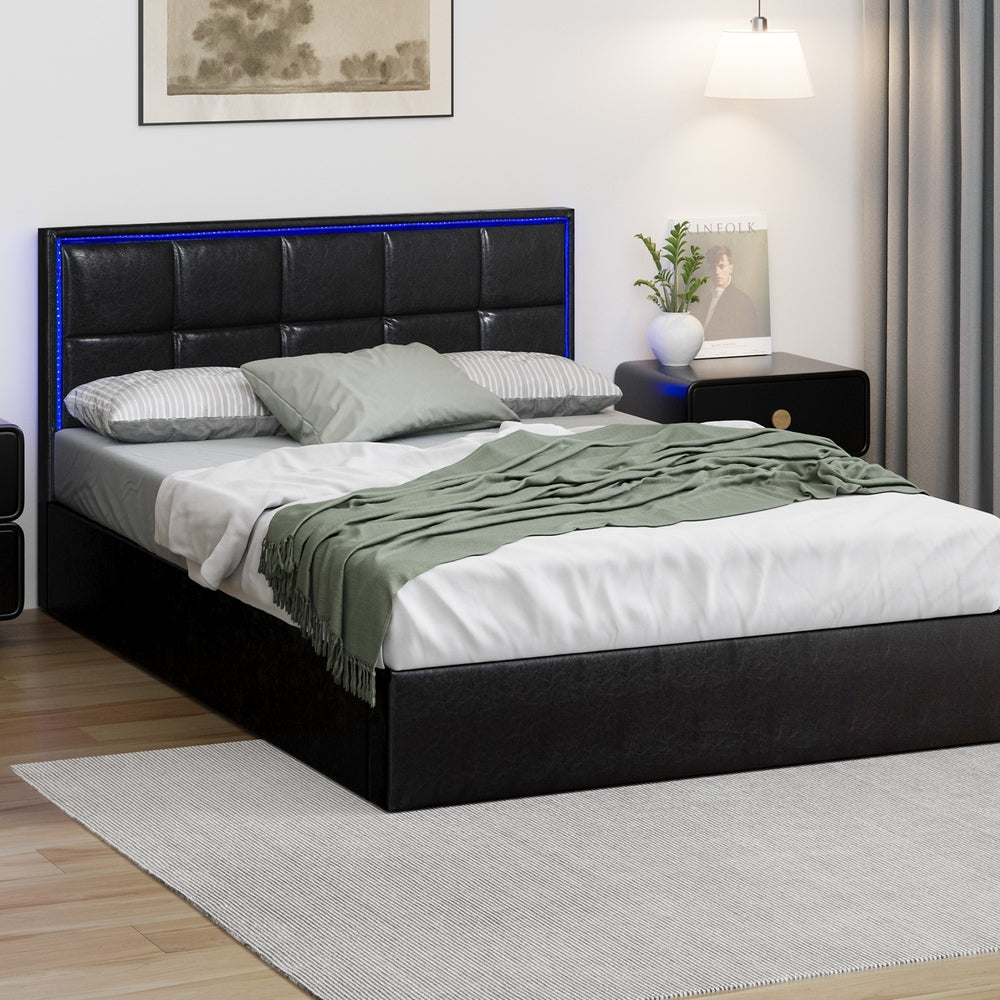 Oikiture Bed Frame Double Size RGB LED Gas Lift Storage Base Leather