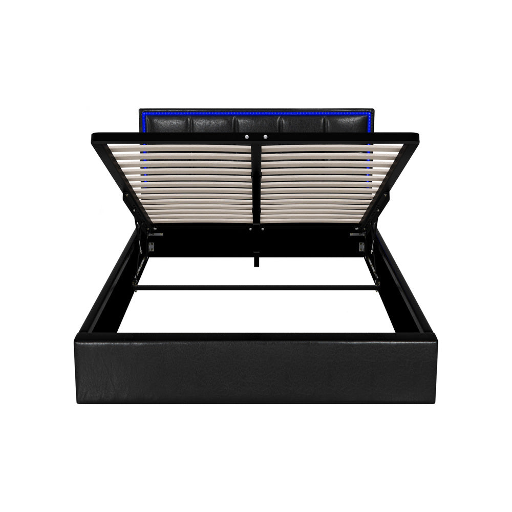 Oikiture Bed Frame Double Size RGB LED Gas Lift Storage Base Leather