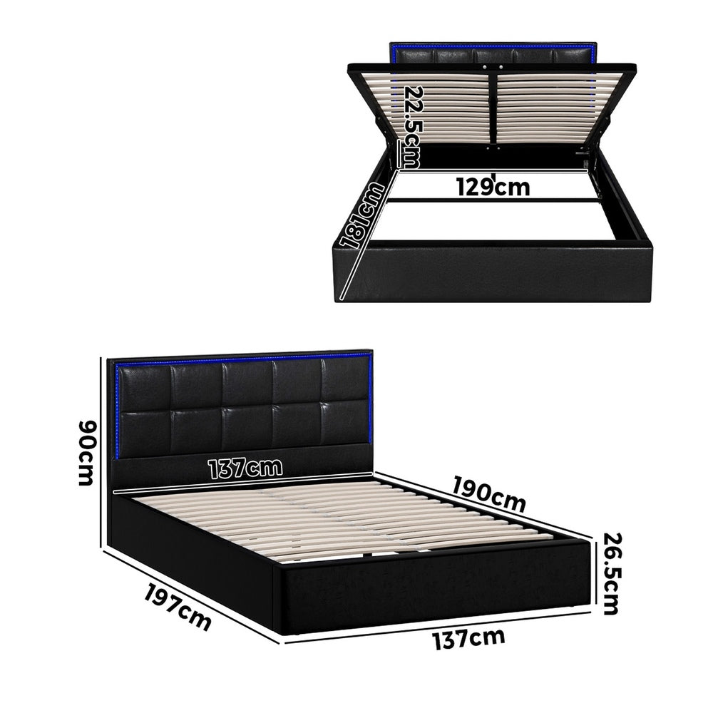 Oikiture Bed Frame Double Size RGB LED Gas Lift Storage Base Leather