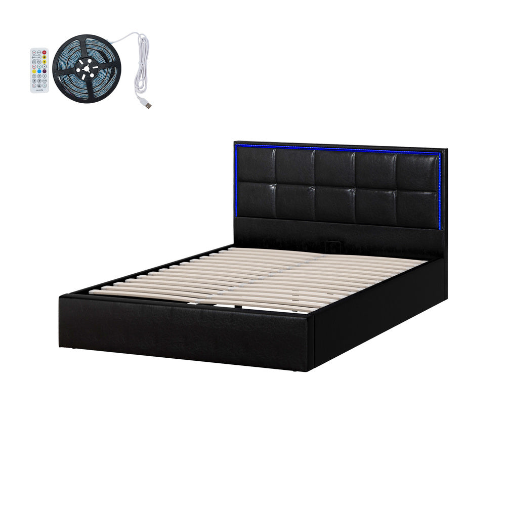 Oikiture Bed Frame Double Size RGB LED Gas Lift Storage Base Leather