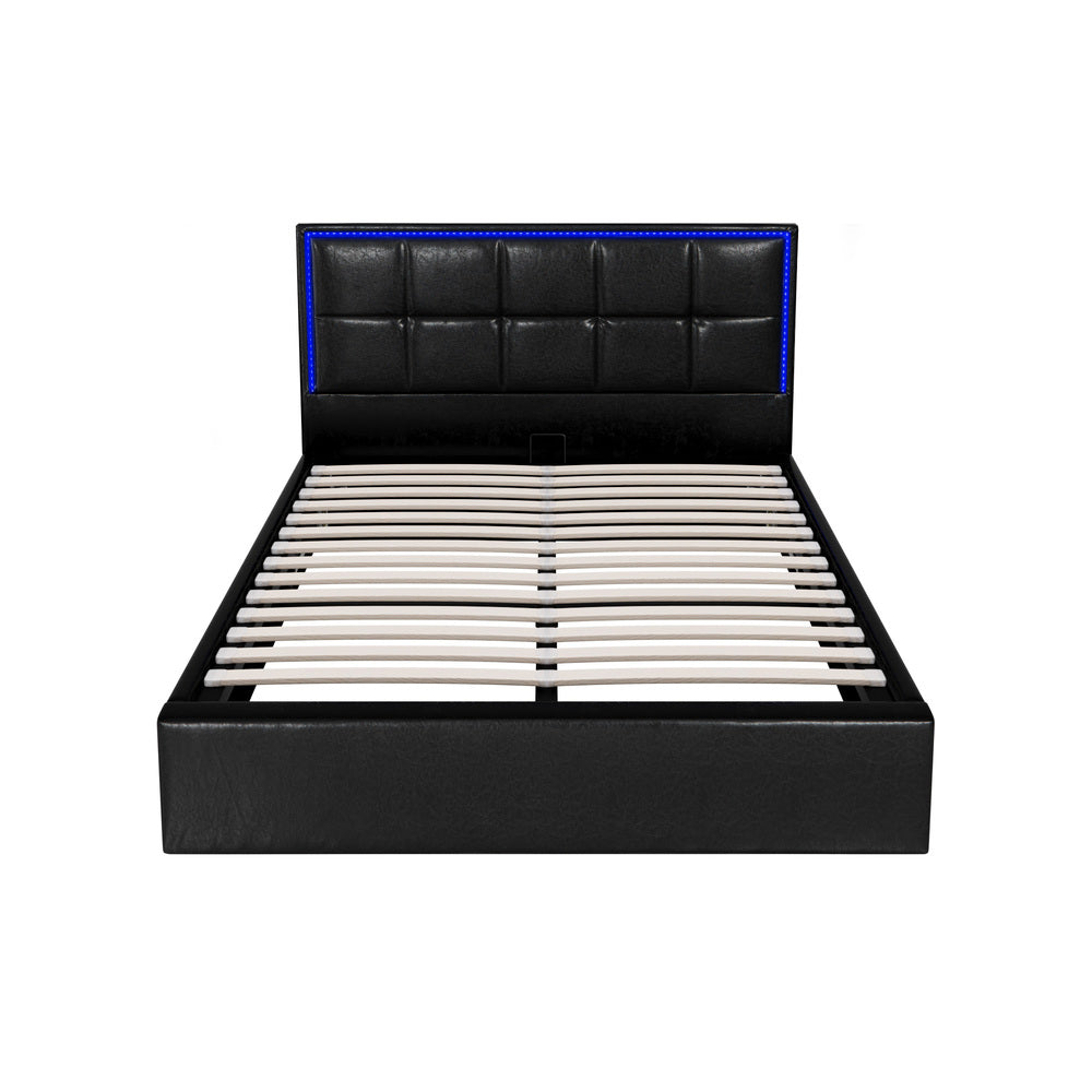 Oikiture Bed Frame Double Size RGB LED Gas Lift Storage Base Leather
