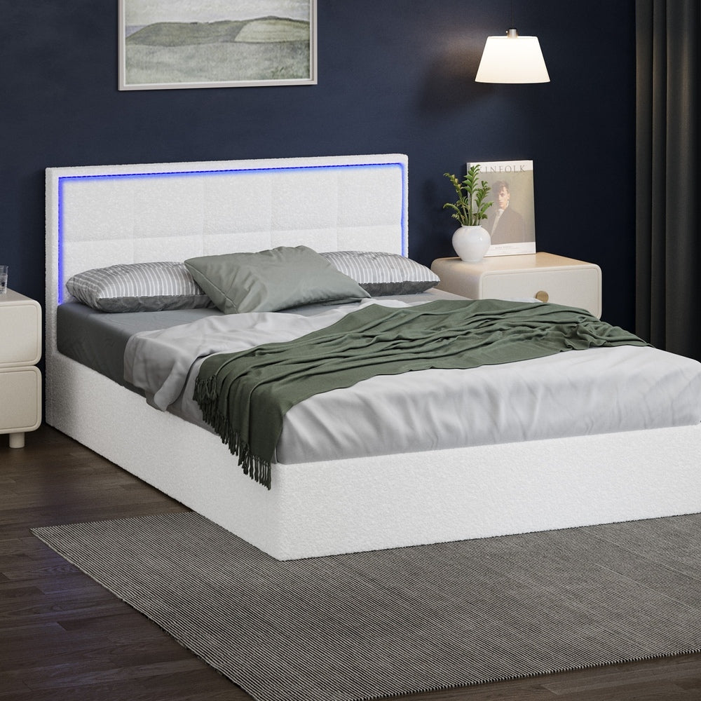 Oikiture Bed Frame Double Size RGB LED Gas Lift Storage Base White Boucle