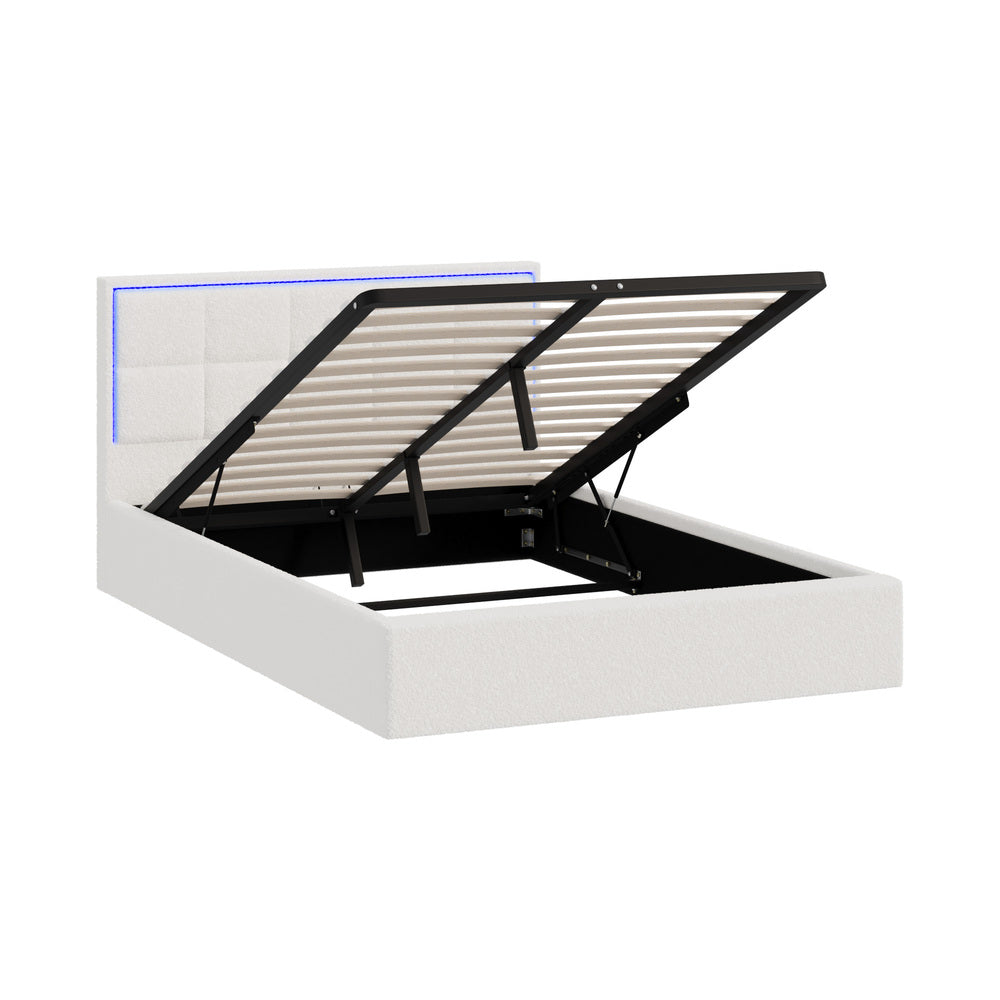 Oikiture Bed Frame Double Size RGB LED Gas Lift Storage Base White Boucle