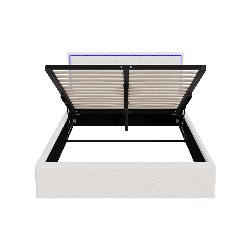 Oikiture Bed Frame Double Size RGB LED Gas Lift Storage Base White Boucle