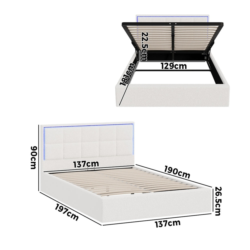 Oikiture Bed Frame Double Size RGB LED Gas Lift Storage Base White Boucle