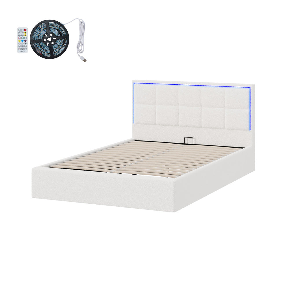 Oikiture Bed Frame Double Size RGB LED Gas Lift Storage Base White Boucle