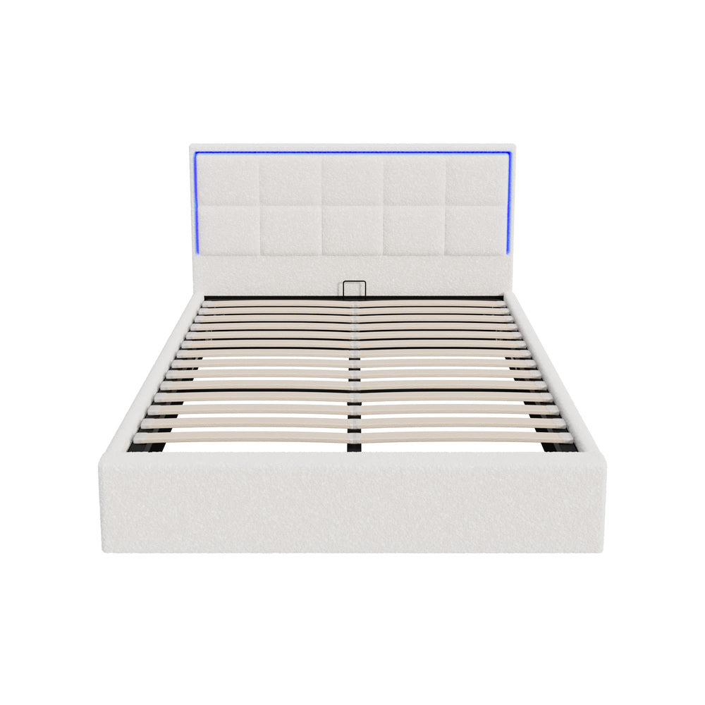 Oikiture Bed Frame Double Size RGB LED Gas Lift Storage Base White Boucle