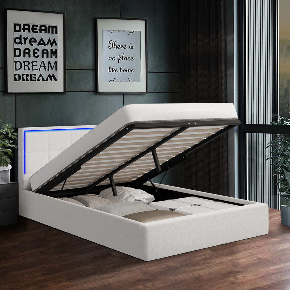 Oikiture Bed Frame Double Size RGB LED Gas Lift Storage Base White Boucle