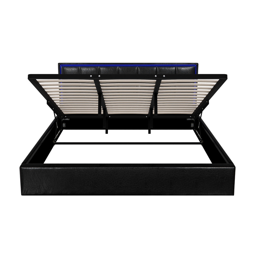 Oikiture Bed Frame King Size RGB LED Gas Lift Storage Base Leather