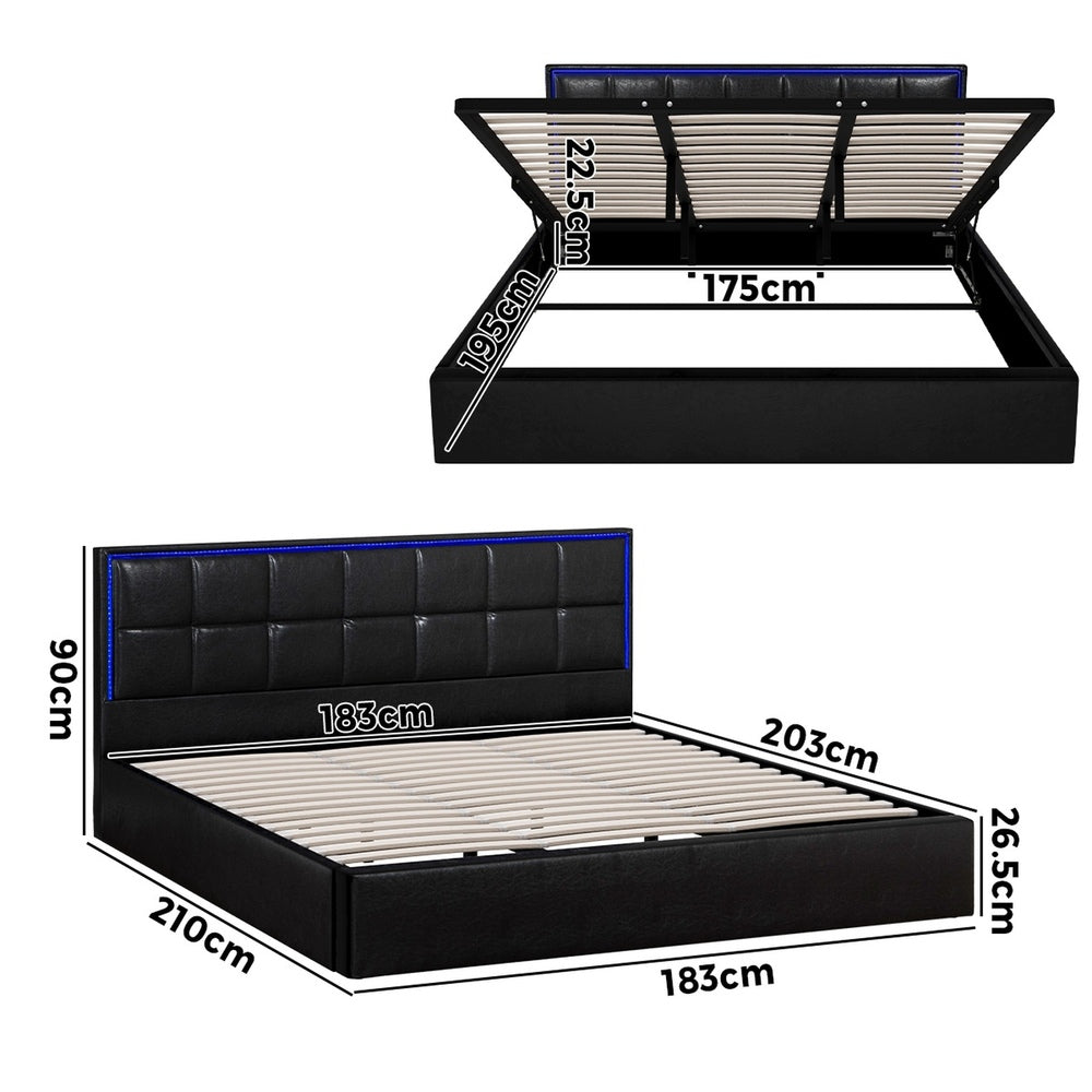 Oikiture Bed Frame King Size RGB LED Gas Lift Storage Base Leather