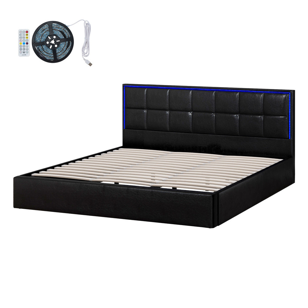 Oikiture Bed Frame King Size RGB LED Gas Lift Storage Base Leather