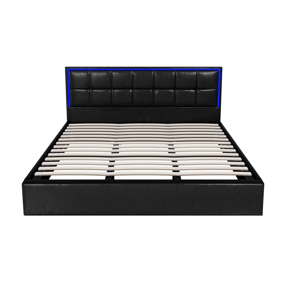 Oikiture Bed Frame King Size RGB LED Gas Lift Storage Base Leather